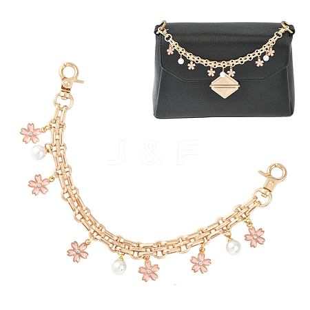 Alloy Enamel Flower with ABS Plastic Pearl Round Bead Charm Iron Chain Bag Decorative Chains HJEW-FS00054-01-1
