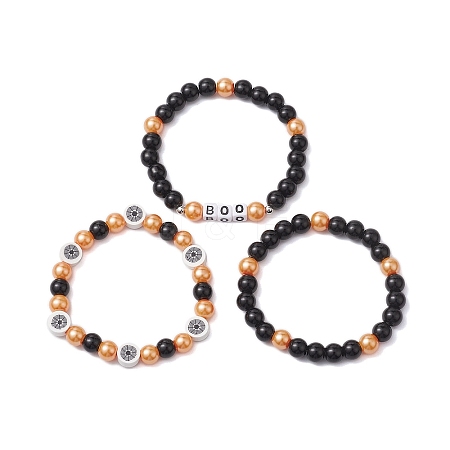 3Pcs 3 Styles Halloween Themed 8mm Round Glass Pearl Beaded Stretch Bracelet Sets BJEW-JB10849-1