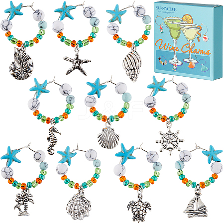 Starfish Synthetic Turquoise Wine Glass Charms AJEW-SC0002-39-1