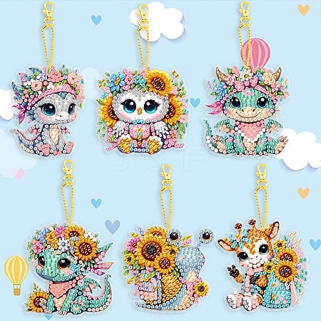 6 Styles Flower Animals DIY Diamond Keychain Painting Kit PW-WG8C66E-01-1