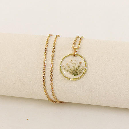 Alloy & Plastic Inner Flower Flat Round Pendant Necklaces FS-WG8915D-12-1