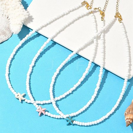 3Pcs 3 Colors Dyed Synthetic Turquoise Starfish & Glass Seed Beaded Necklaces NJEW-JN05330-1