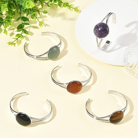 Natural Mixed Stone Flat Round Brass Cuff Bangles for Women BJEW-JB14353-1
