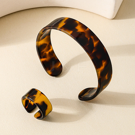 Leopard Print Acrylic Cuff Bangle & Finger Rings Sets for Women FS-WG722C5-01-1