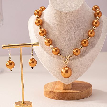 Plastic Imitation Pearl Round Beaded Pendant Necklaces & Dangle Earrings Sets for Women WGE733F-01-1