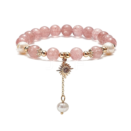 Natura Strawberry Quartz & Pearl Beaded Stretch Bracelet BJEW-JB09004-1