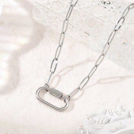 304 Stainless Steel Oval Screw Carabiner Lock Pendant Textured Paperclip Chain Necklaces NJEW-JN06576-01-1