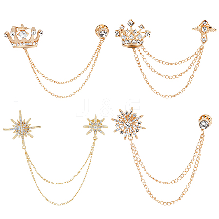 4Pcs 4 Styles Rhinestone Crown & Star Hanging Chain Brooch JEWB-OC0001-09-1