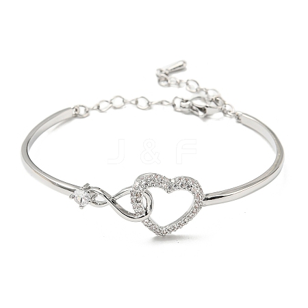 Infinity Heart Brass with Clear Cubic Zirconia Cuff Bangle with Safety Chains BJEW-L683-02P-1
