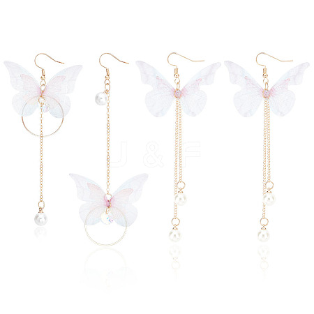 ANATTASOUL 2 Pairs 2 Style Fabric Butterfly with Plastic Pearl Beaded Dangle Earrings EJEW-AN0002-84-1