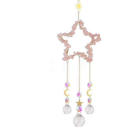 Natural Rose Quartz Chip Wrapped Metal Star Hanging Ornaments LS-PW-WG25242-03-1