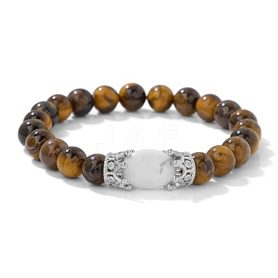 8MM Round Natural Tiger Eye Beaded Stretch Bracelets with Oval Synthetic Howlite Beads WG9ED28-05-1