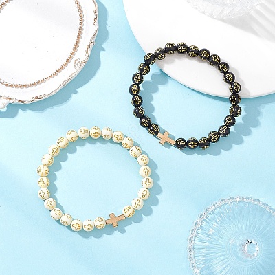 2Pcs 2 Colors Plating Acrylic Round Beads Stretch Bracelets for Men Women BJEW-JB12080-1