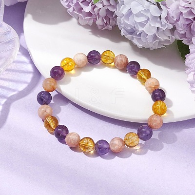 Natural Quartz Crystal & Amethyst & Sunstone Beaded Stretch Bracelets for Women BJEW-TA00552-1