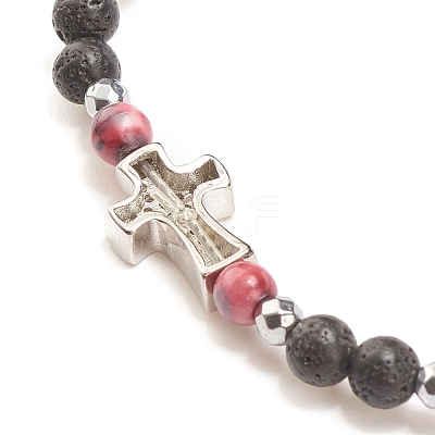 Natural & Synthetic Mixed Gemstone Beaded Stretch Bracelet with Clear Cubic Zirconia Cross for Women BJEW-JB08247-1