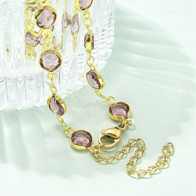 304 Stainless Steel Flat Round Acrylic Rhinestone Cup Chain Anklets for Women LS-AJEW-B031-02G-01-1