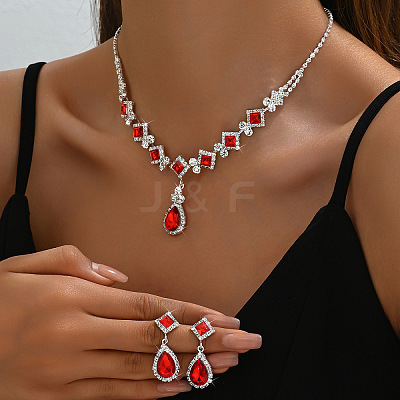 Teardrop & Rhombus Brass Rhinestone Pendant Necklaces & Stud Dangle Earrings Sets FS-WG09414-04-1