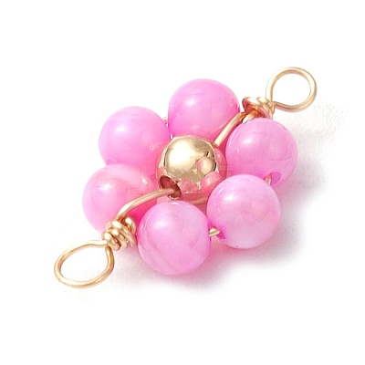 Dyed Natural Shell & Brass Round Beaded Flower Connector Charms PALLOY-JF03464-1