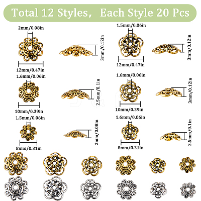 240Pcs 12 Style Tibetan Style Alloy Flower Bead Caps FIND-SC0008-76-1