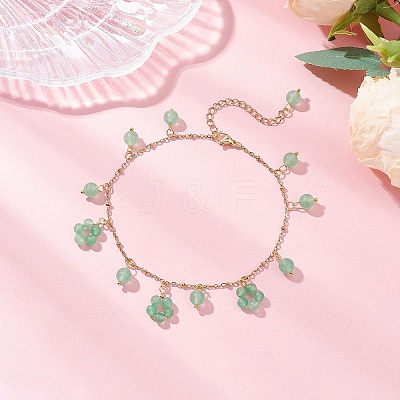 Dyed Natural Malaysia Jade Round Beaded Flower Tassel Ankelets AJEW-AN00706-01-1