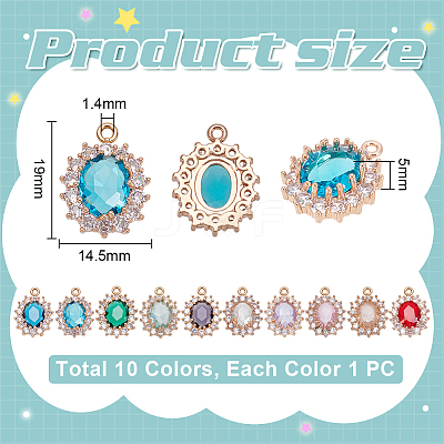 10Pcs 10 Colors Zinc Alloy & Rhinestone & Cubic Zirconia Pendants FIND-UN0009-92-1