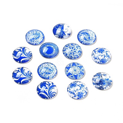 Blue and White Floral Printed Glass Cabochons X-GGLA-A002-18mm-XX-1