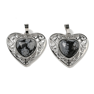 Natural Snowflake Obsidian Peach Love Heart Pendants G-G158-01G-1
