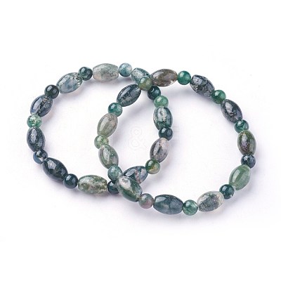 Natural Moss Agate Beads Stretch Bracelets BJEW-F380-03-1