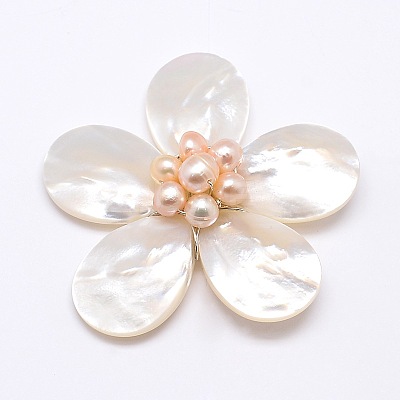 Natural White Shell Mother of Pearl Shell Flower Big Pendants SSHEL-J032MS-07-1