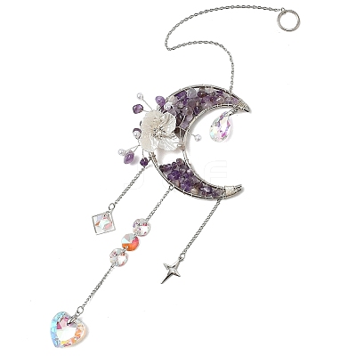 Flower Moon Metal & Natural Amethyst Chips Hanging Suncatcher GG-CBAB970-03B-1