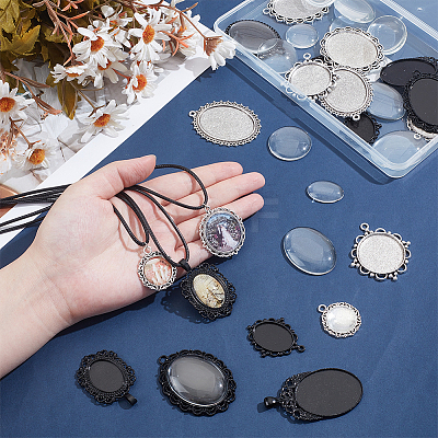20Pcs 10 Styles Tibetan Style Antique Silver Alloy Flat Oval Pendant Cabochon Settings TIBEP-ME0001-05-1