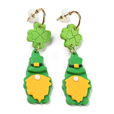Saint Patrick's Day Polymer Clay Clover Dangle Stud Earrings EJEW-Q784-01G-01-1