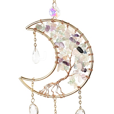 Natural Fluorite Chips Beaded Moon with Tree of Life Hanging Sun Catchers HJEW-M004-12-1