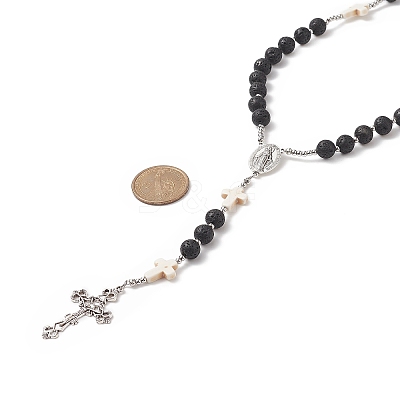 Natural Lava Rock & Synthetic Turquoise Cross Rosary Bead Necklace NJEW-JN04202-1
