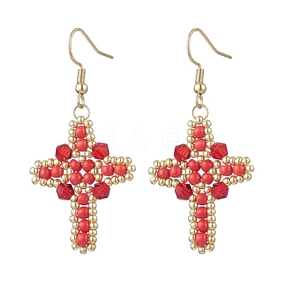 304 Stainless Steel Glass Seeds Cross Dangle Earrings EJEW-MZ00506-02-1