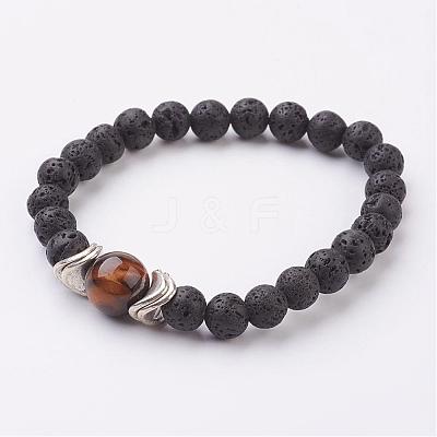 Natural Lava Rock and Tiger Eye Stretch Bracelets BJEW-JB03001-03-1