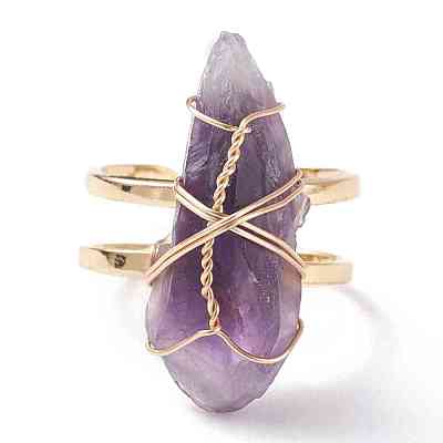 Roungh Raw Natural Gemstone Wire Wrapped Open Cuff Rings for Girl Women RJEW-JR00429-1