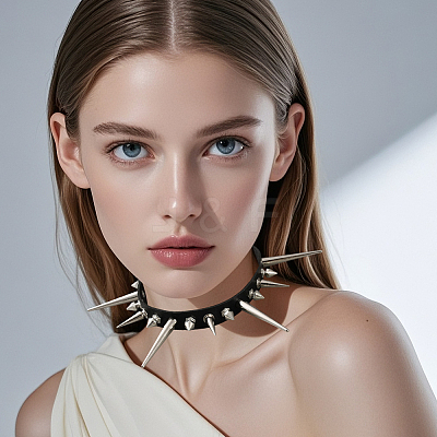 Punk Rock Style Alloy Spiked Cone Rivet Imitation Leather Chocker Necklaces NJEW-WH20011-10P-01-1