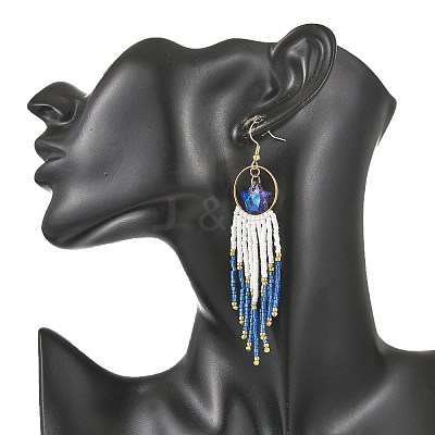 Star Glass Seed Beaded Dangle Tassel Earrings EJEW-MZ00777-01-1