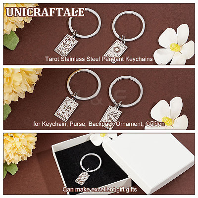 5Pcs 5 Style Rectangle with Tarot 316 Stainless Steel Pendant Keychains KEYC-UN0001-13P-1