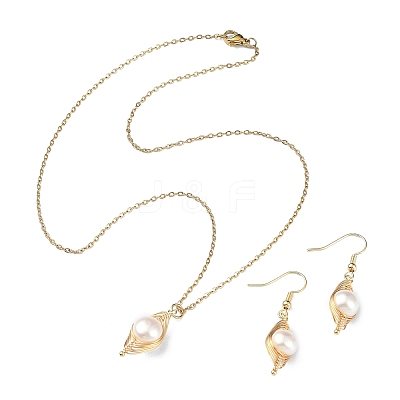 Natural Pearl Pendant Necklace & Dangle Earrings X-SJEW-JS01276-1