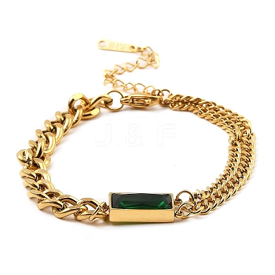 Cubic Zirconia Rectangle Link Bracelet with 304 Stainless Steel Curb Chains BJEW-Z015-01G-1