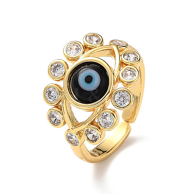 Lampwork Evil Eye Open Cuff Ring with Clear Cubic Zirconia RJEW-L104-03G-03-1