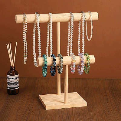 2-Tier T Bar Wood Necklaces and Bracelets Jewely Display Stands WD-CBA482F-05-1