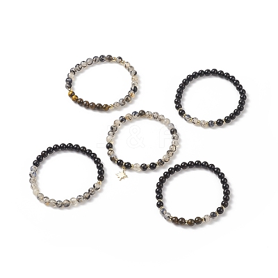 5Pcs 5 Style Natural Mixed Gemstone Round Beaded Stretch Bracelets Set BJEW-JB08829-1