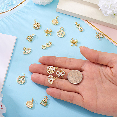 16Pcs 8 Styles Brass Micro Pave Cubic Zirconia Pendants KK-TA0002-30-1