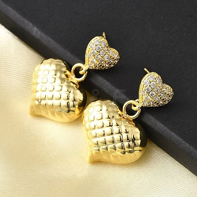 Textured Heart Brass Micro Pave Clear Cubic Zirconia Dangle Stud Earrings EJEW-Z099-02G-01-1