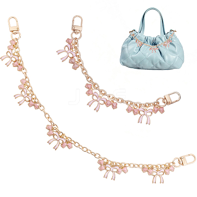 2Pcs 2 Styles Alloy Enamel Pink Bowknot Charm Cable Chain Purse Decorative Chains HJEW-BBC0001-49-1