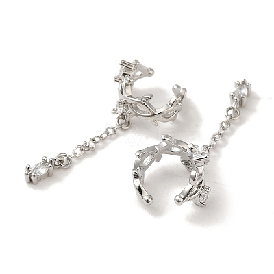 Rack Plating Brass Pave Clear Cubic Zirconia Leaf with Chain Cuff Earrings for Women EJEW-P280-13P-1