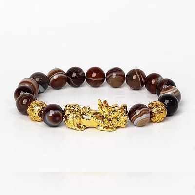 Golden Plated Alloy Pi Xiu 8MM Natural Coffee Banded Agate(Dyed & Heated) Round Beaded Stretch Bracelet for Men QJ0349-4-1